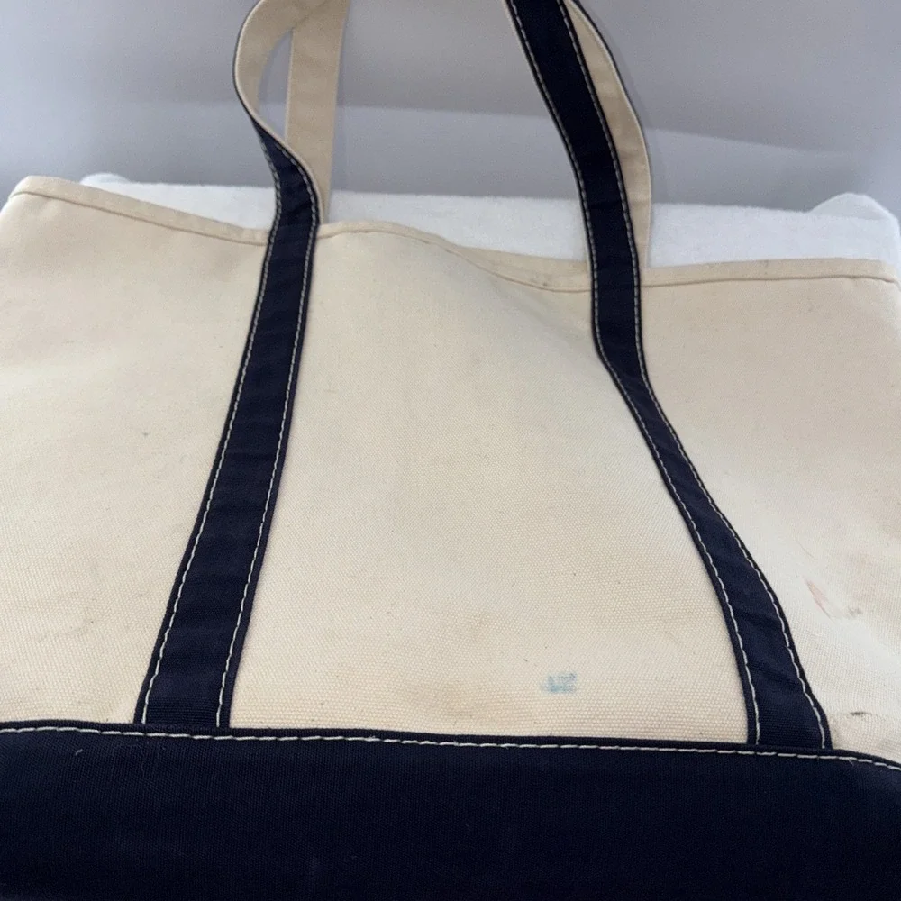 Lands End White Navy Canvas Boat Tote Bag Beach  XLarge  23x16 Made USA Vtg 90s